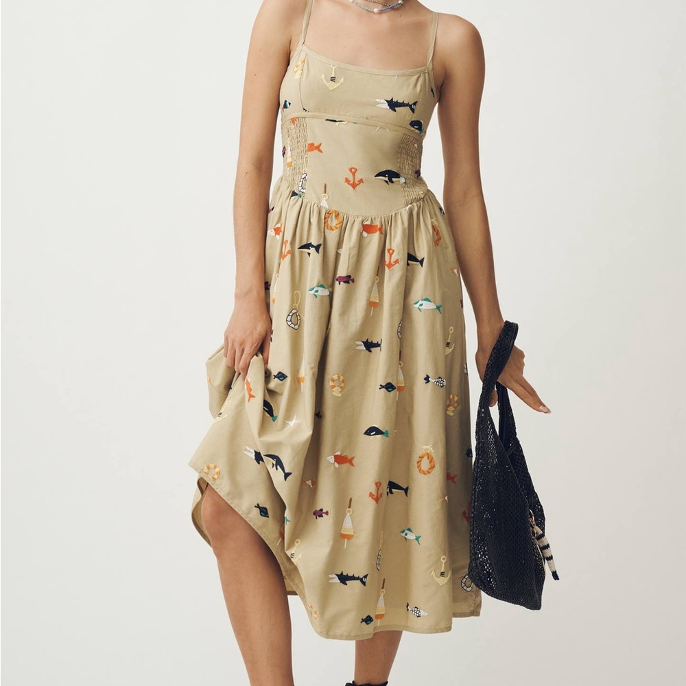 Women's Beige Dress with Embroidered Fish